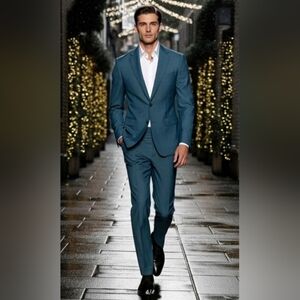 Mediterranea Men's Blue Suit, Retro Style, Made in Italy, 42L / 34x30